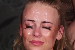 Wicked looker gets cum shot on her face gulping all the semen
