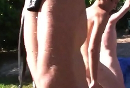 Hazing college twink dicksucking outdoors